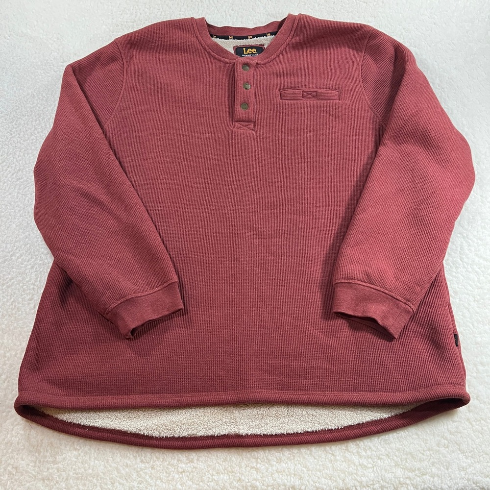 Lee Henley Mens XXL Red Premium Select Waffle Knit Sherpa Fleece Lined Pullover